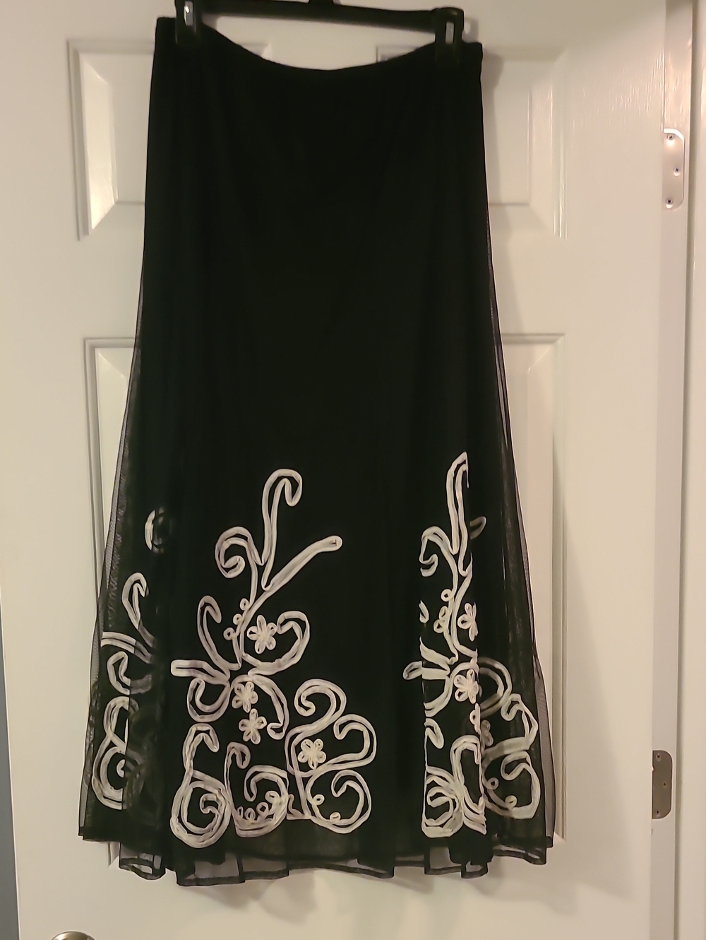 Sharon Young Black A-Line Skirt with White Floral Embroidery